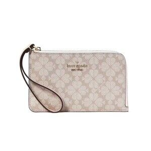 New Kate Spade Lucy Spade Flower Small L-Zip Wristlet Dark Beige Multi